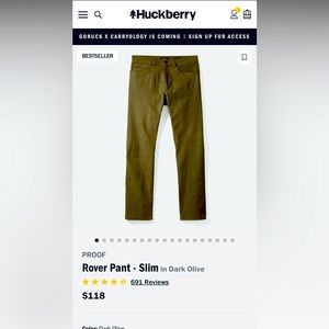 Huckberry Proof Rover Pant - Slim in Dark Olive Size 36 x 34